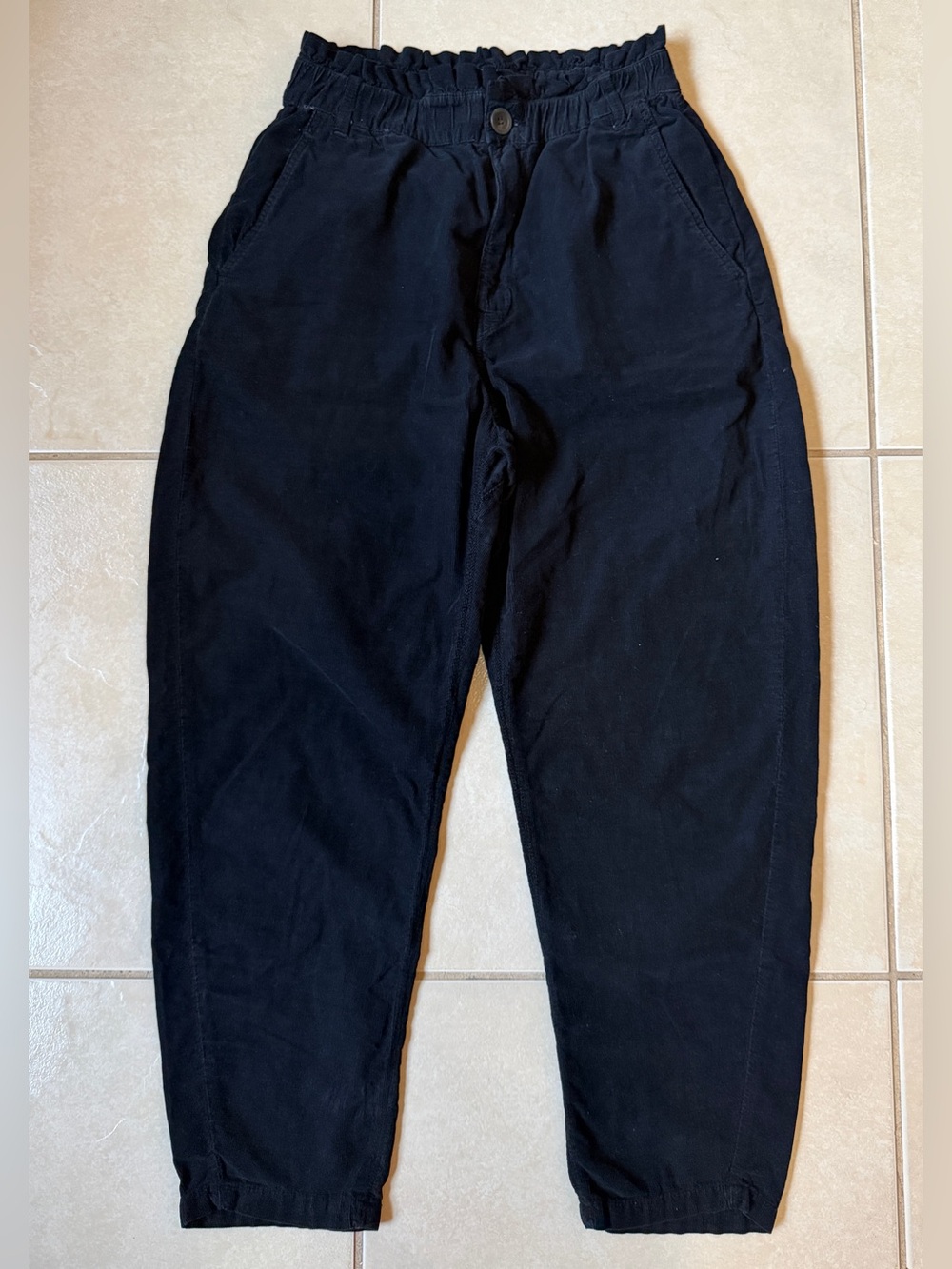 Zara Black Corduroy Paperbag Pants Baggy Tapered Trousers US 6 EUR 38